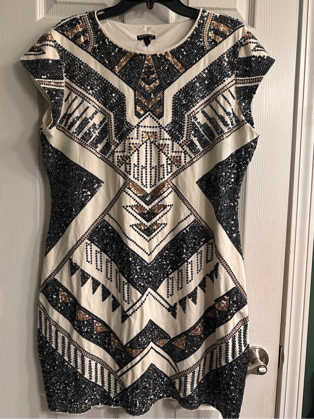 Express Ivory Mini Dress with Black and Gold Sequin Geo Pattern